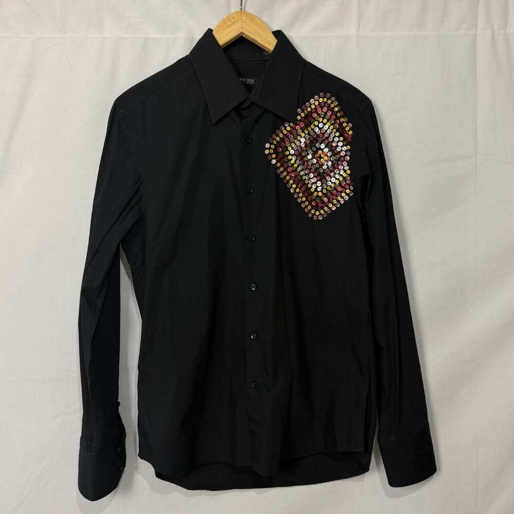 Kenneth Cole New York Mens L Black Button Up Shirt Sequin Aztec Diamond Boho